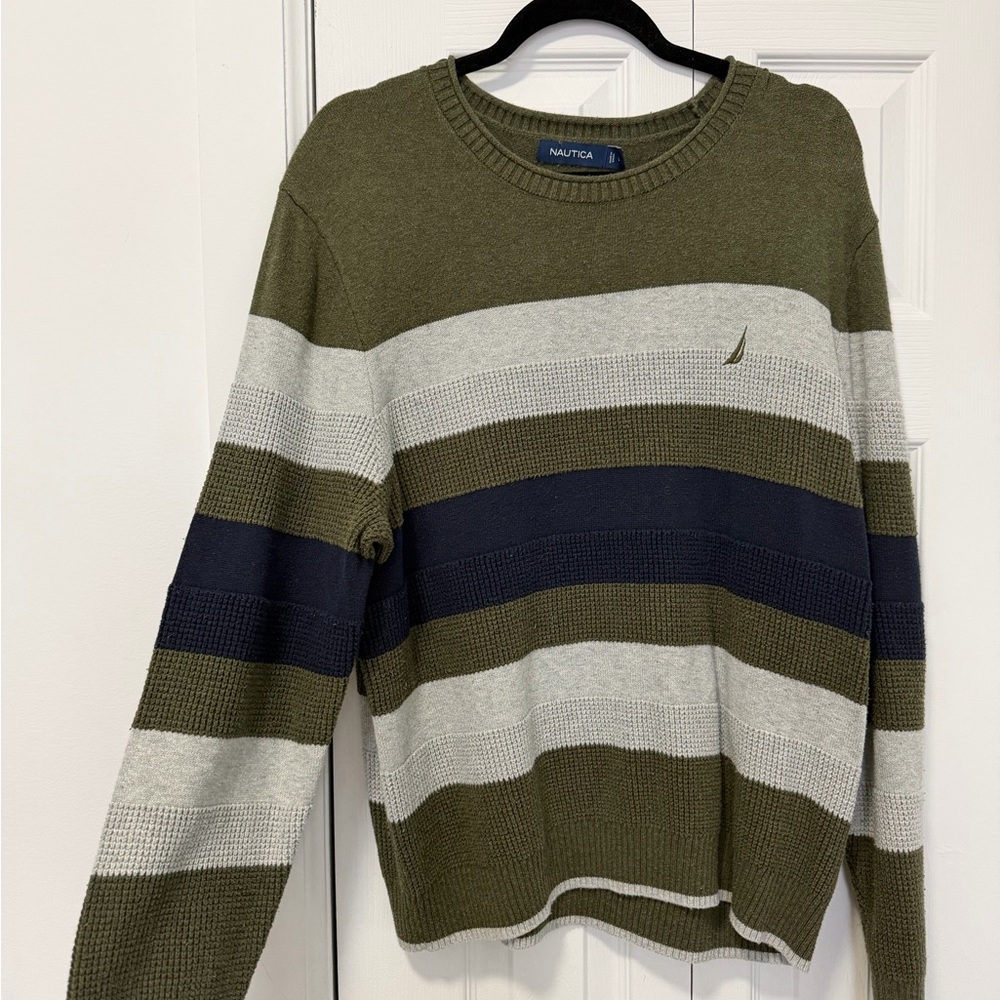 Nautica Men's Crewneck Sweater - Olive, Navy, Gray Stripes